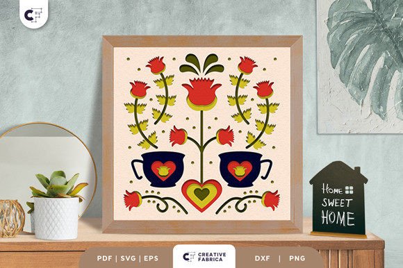 Floral Cup Folk Art 3D Shadow Box SVG: A Unique Addition to Your Kitchenware Collection