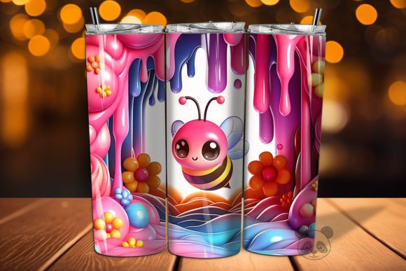 Pink Bee Melting Flowers 3D Tumbler Wrap