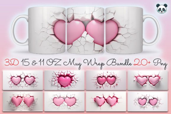 Pink Valentine Hearts 3D Mug Wrap Bundle